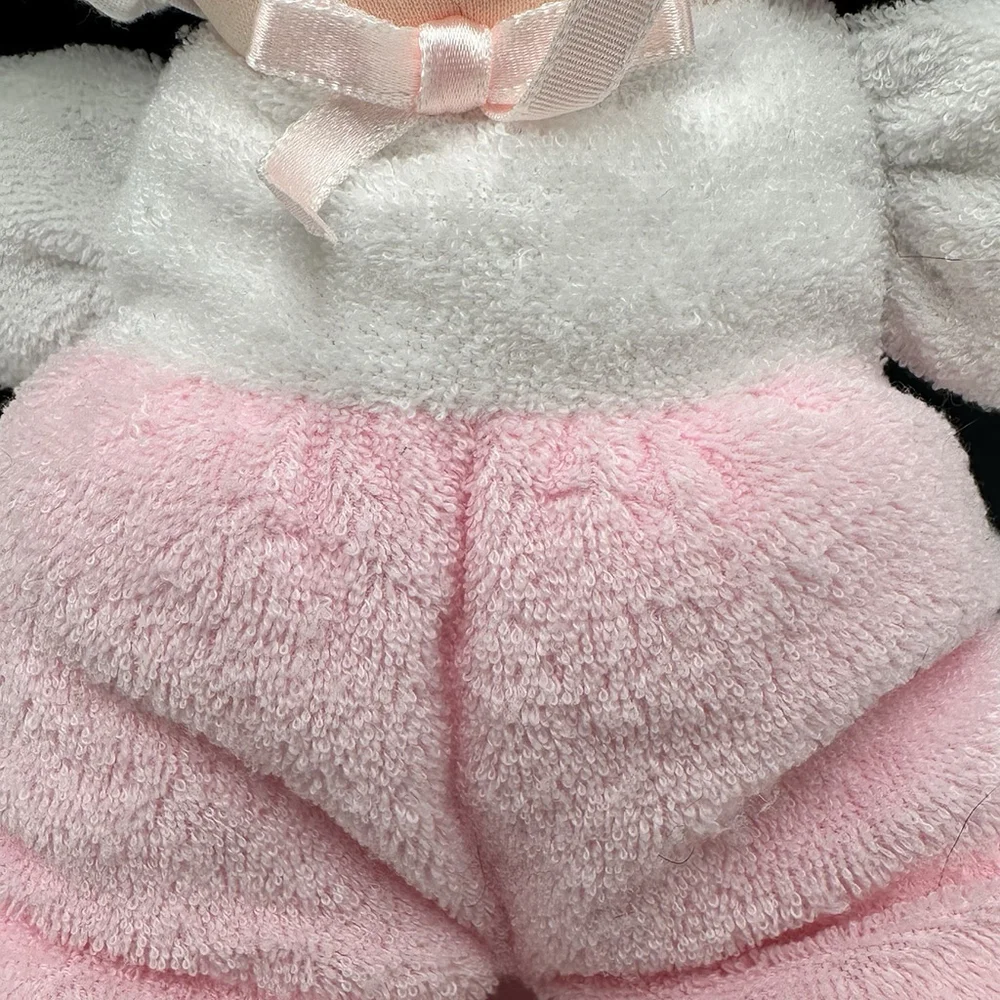 Vintage Eden Pink White Doll Terry Cloth Blue Eyes Bonnet Lace Soft Plush 10”Toy - Picture 3 of 11